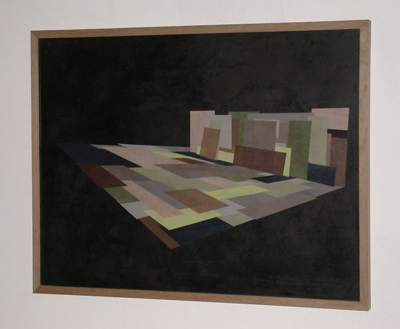 Sans titre, 2010, papier de soie teinté sur verre, fond médium teinté, 50/65 cm